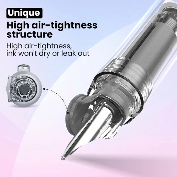 super close up pen showing the closure over the nib ad "High air-tightness structure, ink wont dry or leak out"